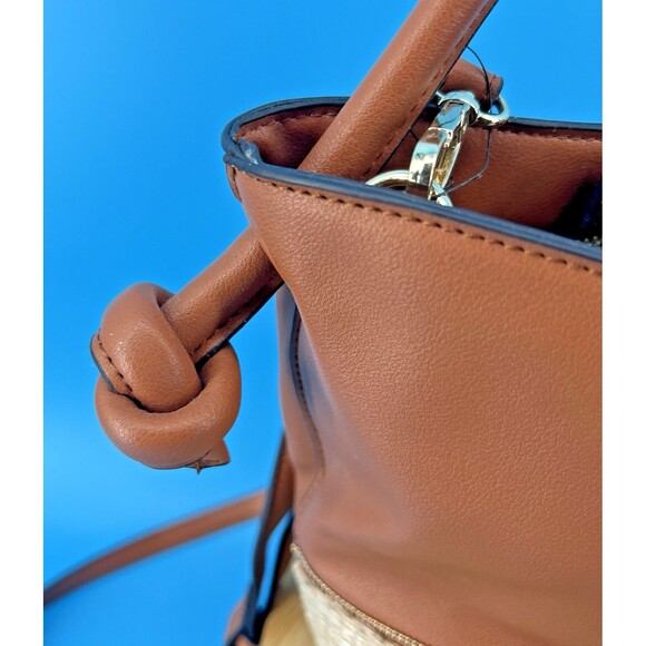 Nanette Lepore Reese Bucket Rattan Bottom Vegan Leather Bag Purse Brown/Tan - Picture 7 of 14